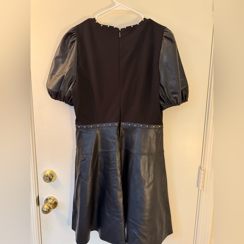 Karl Lagerfeld Black Faux Leather Midi Dress with Puff Sleeves - Picture 6 of 16